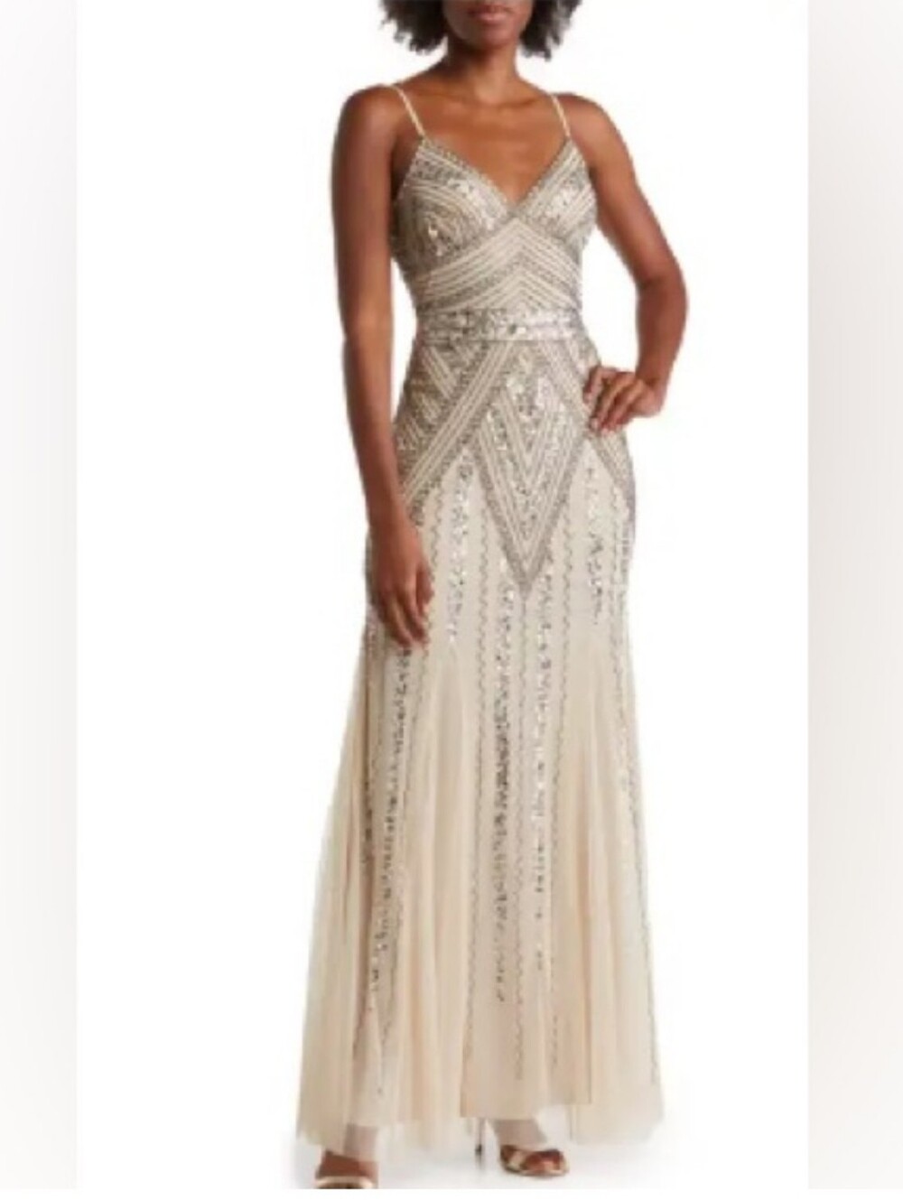 NWT MARINA | Beaded Spaghetti Strap Formal Gown - Picture 6 of 12